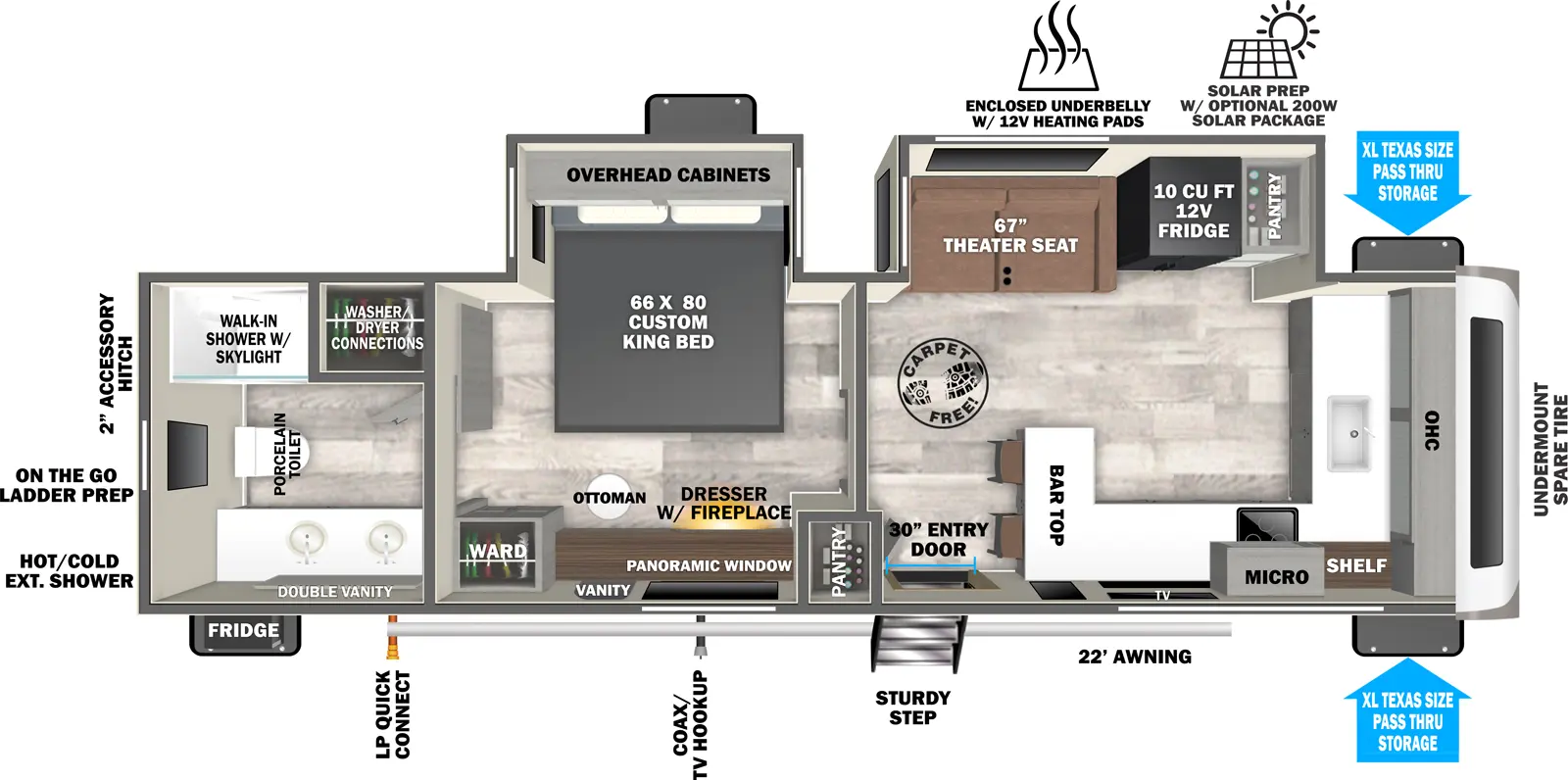 The Heritage Glen Travel Trailers 261FKRB has one entry and two slide outs. Exterior features include: fiberglass exterior and 22' awning. Interiors features include: front kitchen and rear bathroom.